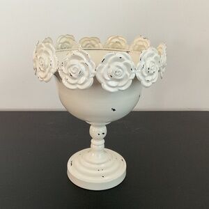 Metal Rose Pedestal Bowl Vintage Ivory Cottagecore  Farmhouse Romantic Decor